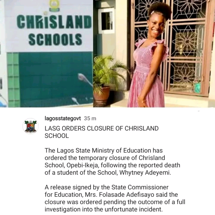 Whitney Adeniran: Lagos Government orders closure of Chrisland School ...